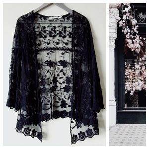 Black Floral Lace Kimono Cardigan
